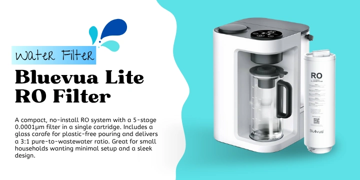 Bluevua Lite RO system on kitchen counter with glass carafe